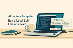 A developer laptop terminal streaming local model output with latency metrics overlayed.