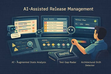 Release control console with AI-generated summaries and risk scores, human engineer at deploy lever