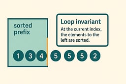 Callout diagram highlighting the invariant. Illustration of an array with a shaded 'sorted zone' on the left labeled 'sorted prefix'.