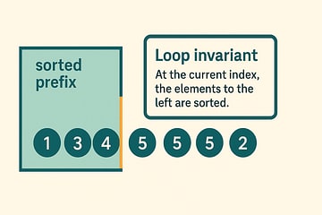 Callout diagram highlighting the invariant. Illustration of an array with a shaded 'sorted zone' on the left labeled 'sorted prefix'.