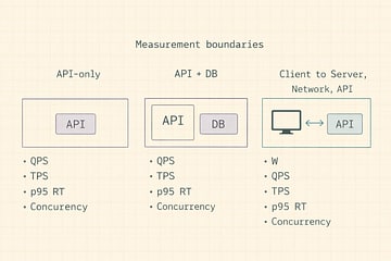 Three boxes showing measurement boundaries: API-only, API+DB, client-to-server.