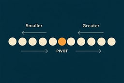 Minimalist instructional diagram showing a horizontal array of circles. One circle is highlighted as the pivot (soft orange). Elements smaller than the pivot slide to the left, larger elements slide to the right. No merging, no copying. Solarized dark teal background, cream circles, flat vector style, calm editorial tone.
