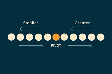 Minimalist instructional diagram showing a horizontal array of circles. One circle is highlighted as the pivot (soft orange). Elements smaller than the pivot slide to the left, larger elements slide to the right. No merging, no copying. Solarized dark teal background, cream circles, flat vector style, calm editorial tone.