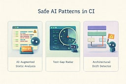 Three pattern cards showing AI-Augmented Static Analysis, Test-Gap Radar, and Architectural Drift Detector