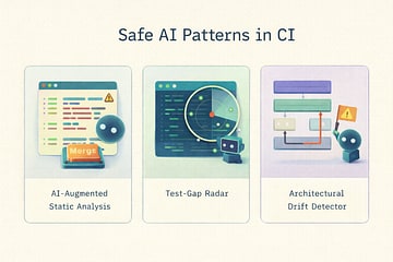 Three pattern cards showing AI-Augmented Static Analysis, Test-Gap Radar, and Architectural Drift Detector