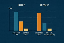 Bar chart comparing unsorted list, sorted list, and heap for insert and extract costs.
